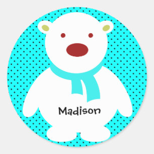 Pegatina Redonda Oso polar lindo en Aqua, añadir nombre