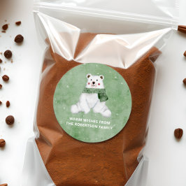 Pegatina Redonda Oso Polar llevando una bufanda verde Dejar pasar l