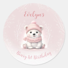 Pegatina Redonda Oso Polar Rosa de Invierno Beary 1er cumpleaños