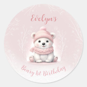 Pegatina Redonda Oso Polar Rosa de Invierno Beary 1er cumpleaños