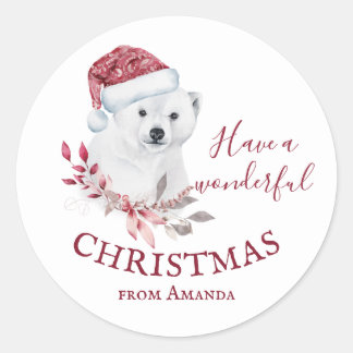 Pegatina Redonda Oso polar Santa hat Feliz Navidad lindo