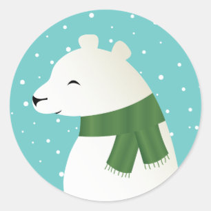 Pegatina Redonda Oso Polar Sonriente de Invierno