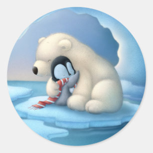 Pegatina Redonda Oso polar y pingüino