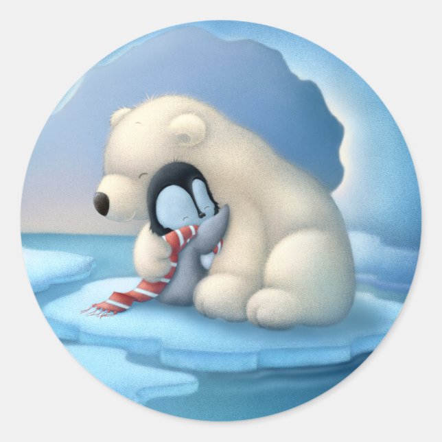 Pegatina Redonda Oso polar y pingüino (Anverso)