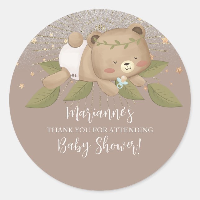 Pegatina Redonda Oso Purpurina de Baby Shower Bohemias Stars Gold (Anverso)
