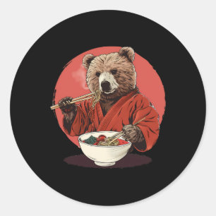 Pegatina Redonda Oso Ramen Kimono Karate Noodles Japoneses Bear Ram