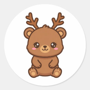 Pegatina Redonda Oso Reno Navideño Adorable