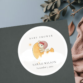 Pegatina Redonda Oso rosa somnoliento sobre Chica de la Luna Baby S