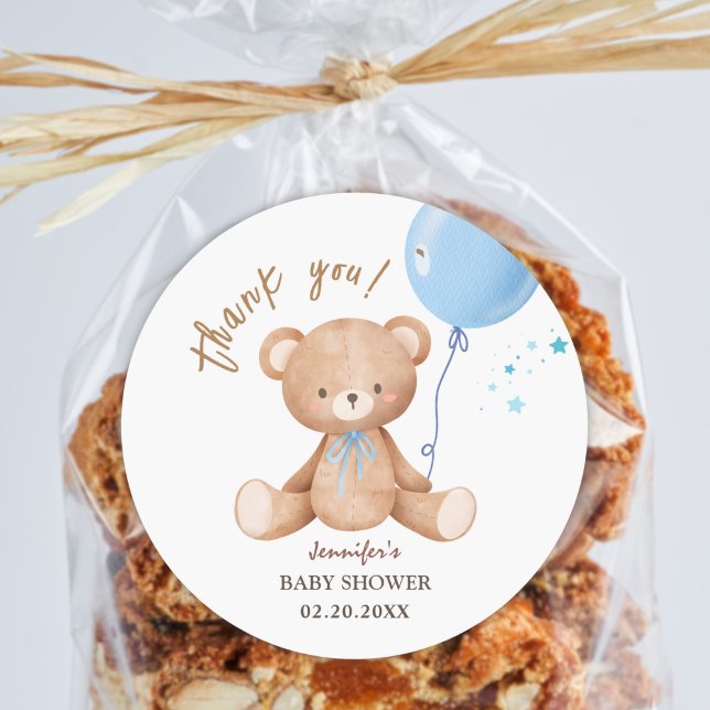 Pegatina Redonda Oso Teddy Bear con globo azul | Boy Baby Shower (Subido por el creador)