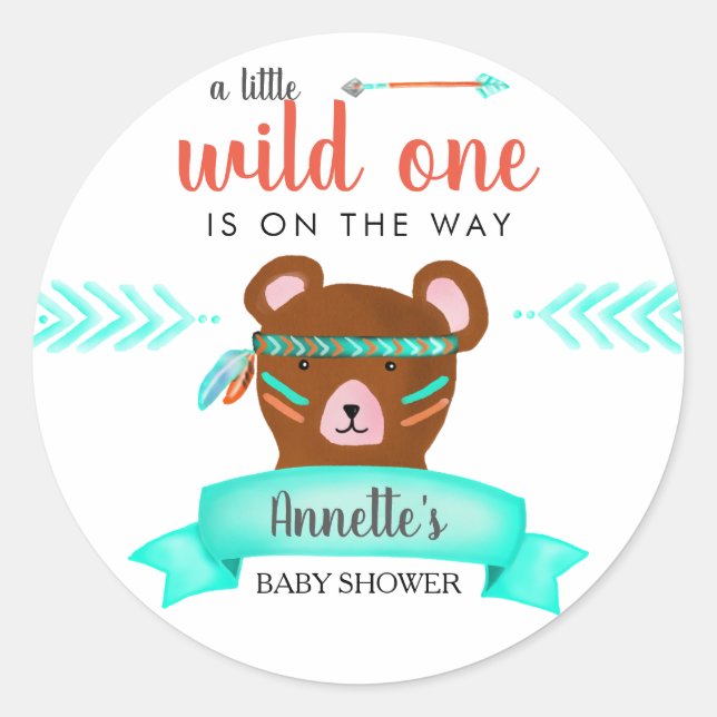 Pegatina Redonda Oso tribal | Wild One Baby Shower (Anverso)