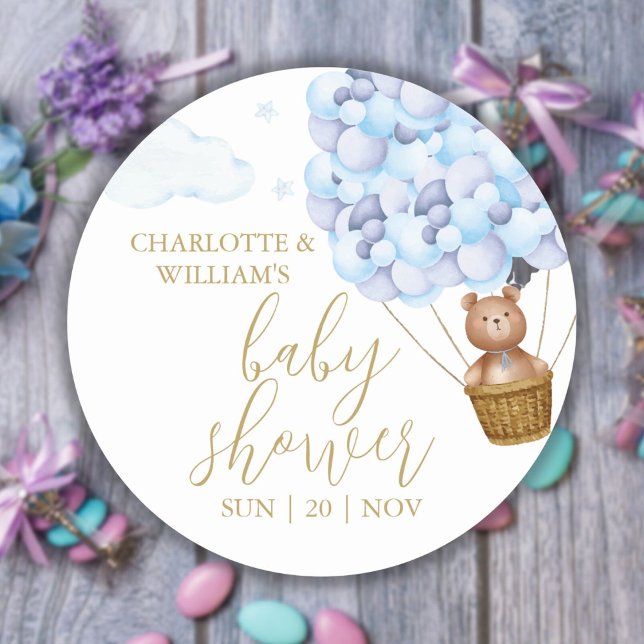 Pegatina Redonda Osos De Peluche Azul Baby Shower (We Can Bearly Wait Teddy Bear Blue Baby Shower Classic Round Sticker)