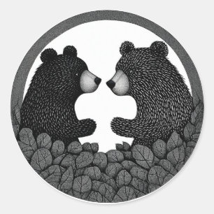 Pegatina Redonda 🐻 Osos Negros Naturaleza Salvaje Bosque Tranquilo