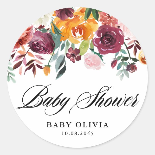 Pegatina Redonda Otoño Blooms Garland Cae Baby Shower (Anverso)