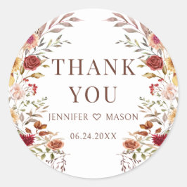 Pegatina Redonda Otoño Bohemio Floral Agradecimiento de Boda
