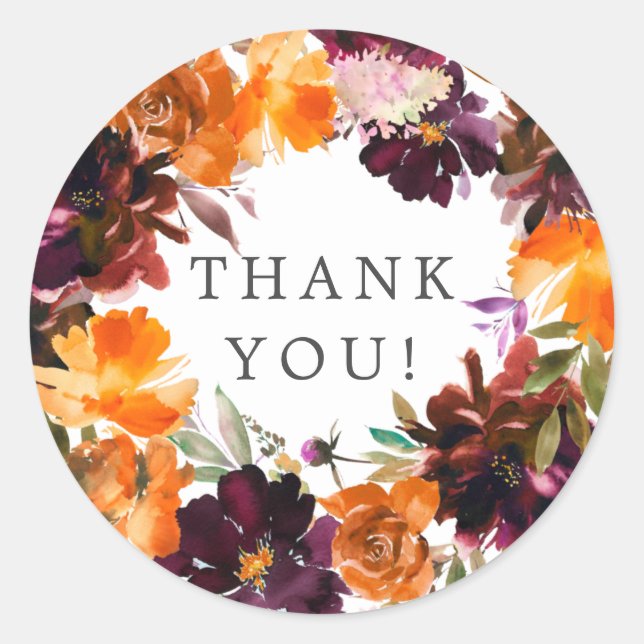 Pegatina Redonda Otoño Borgoña y Naranja Floral Bridal Shower (Anverso)