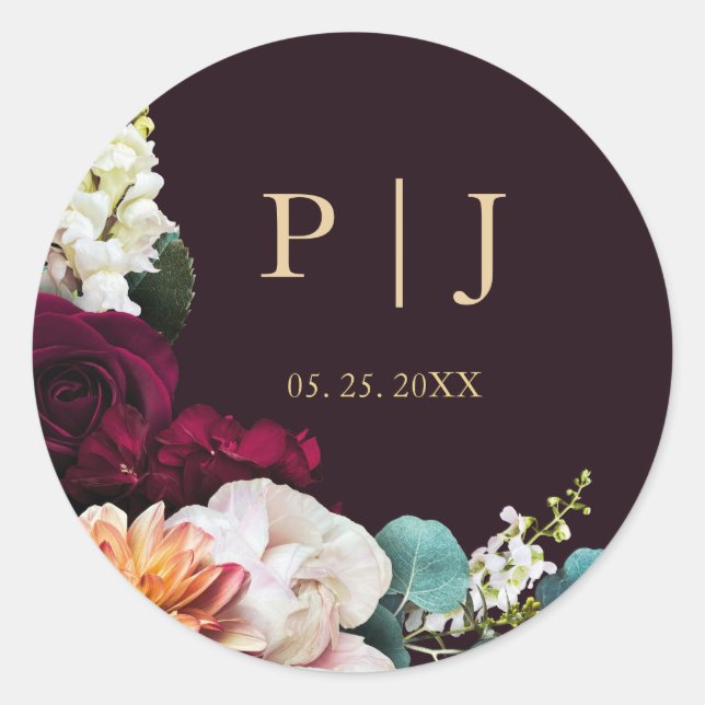 Pegatina Redonda Otoño Burgundy Monograma de oro floral rosa (Anverso)