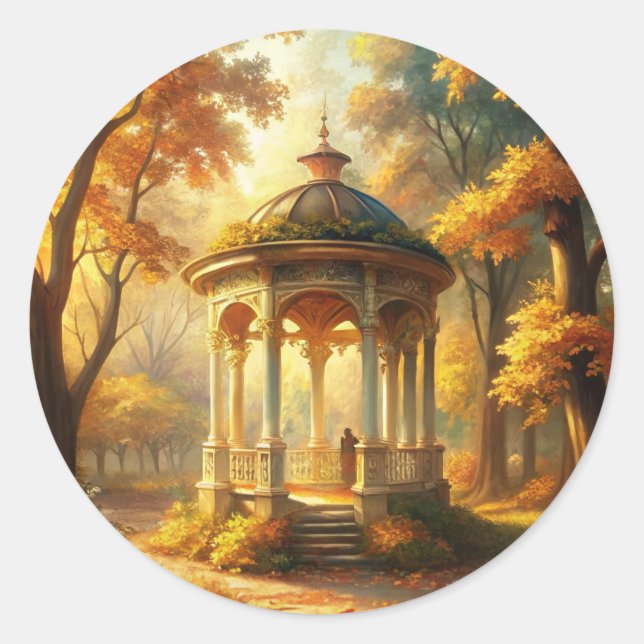 Pegatina Redonda Otoño Cae Con Gazebo (Anverso)