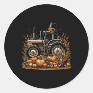 Pegatina Redonda Otoño Calabaza Caída Tractor Acción de Gracias a l