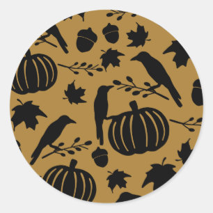 Pegatina Redonda Otoño Calabaza Cuervo Negro Amarillo Naranja Dorad