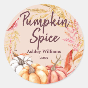 Pegatina Redonda Otoño Calabaza Especias Dorado Follaje Polvo de Me