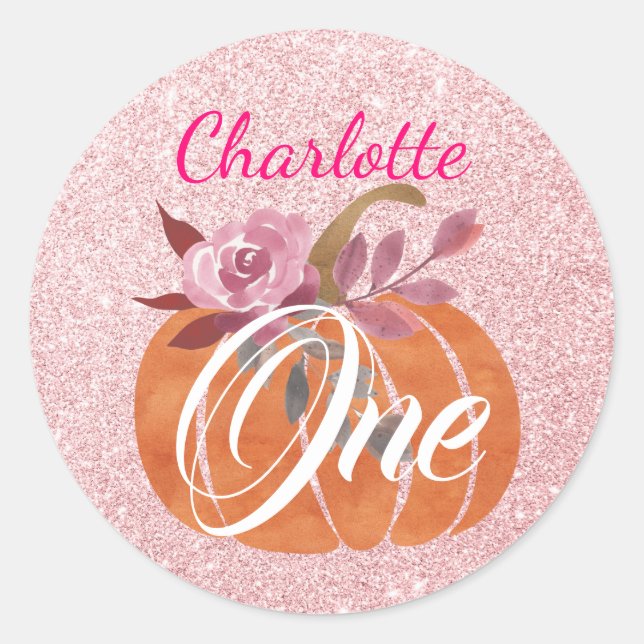 Pegatina Redonda Otoño Calabaza Floral de otoño 1er cumpleaños Rosa (Anverso)