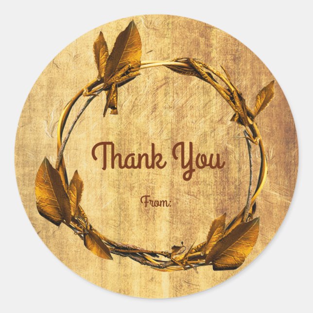 Pegatina Redonda Otoño Faux Gold Leaf & Stick Wreath Favor (Anverso)