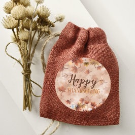 Pegatina Redonda Otoño Hojas Marrones Feliz Día de Acción de Gracia