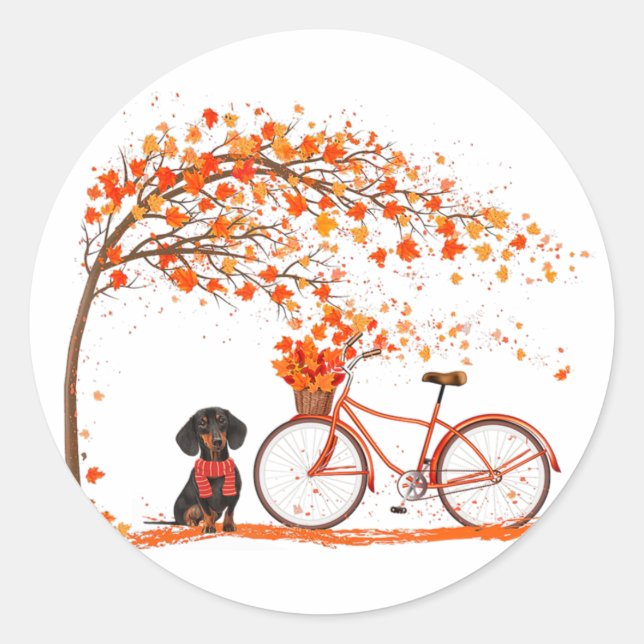 Pegatina Redonda Otoño Maple Dachshund Leaf Caer Ciclismo Cute Wien (Anverso)