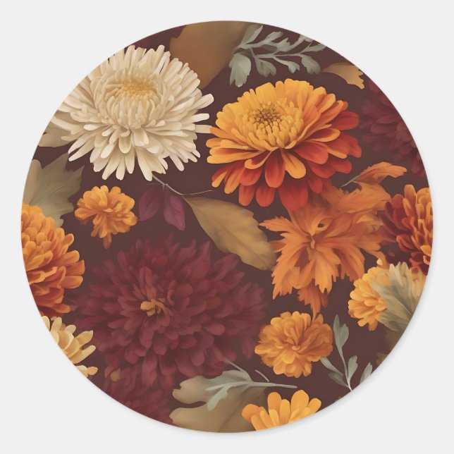 Pegatina Redonda Otoño Marigolds Chrysanthemums and Asters Pattern (Anverso)