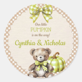Pegatina Redonda Otoño Plaid Teddy Bear Pumpkin Green Beige