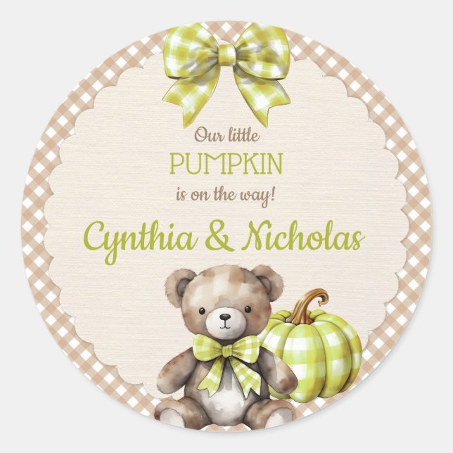 Pegatina Redonda Otoño Plaid Teddy Bear Pumpkin Green Beige (Anverso)