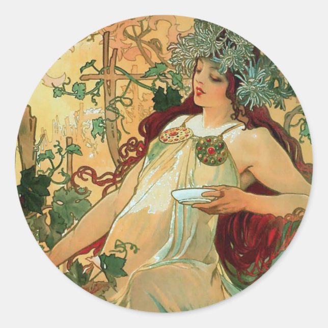 Pegatina Redonda Otoño por Pegatinas de Art Nouveau de Alphonse Muc (Anverso)