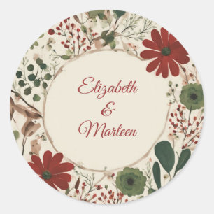 Pegatina Redonda Otoño Rústico Sage Green & Burgundy Red Floral