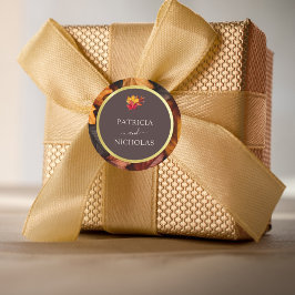 Pegatina Redonda Otoño Woody Brown y Elegante Boda de marcos dorado