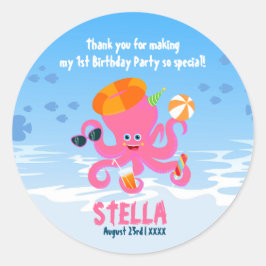 Pegatina Redonda Otopo rosa verano bebé niña cumpleaños fiesta