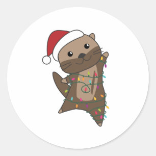 Pegatina Redonda Otter Christmas Snow Winter Animals Otter