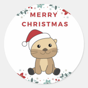 Pegatina Redonda Otter Navidades Nieve Animales De Invierno Otter C
