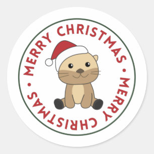 Pegatina Redonda Otter Navidades Nieve Animales De Invierno Otter C
