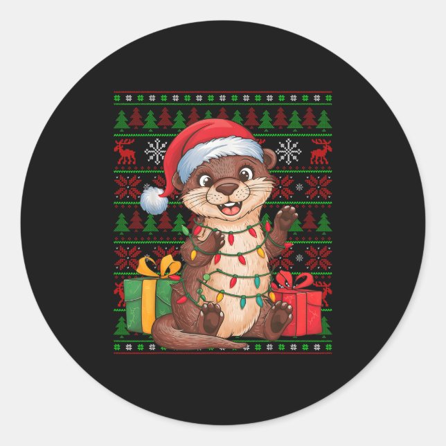Pegatina Redonda Otter Xmas Lights Ugly Santa Hat Otter Christmas  (Anverso)
