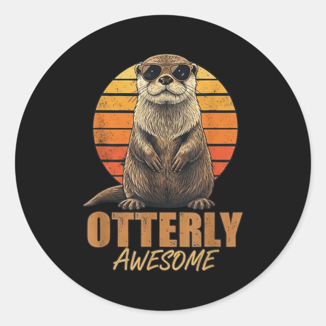 Pegatina Redonda Otterly Awesome Retro Sunset Sea Otter Lover Graph (Anverso)