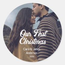 Our first Christmas couple photo name white gray