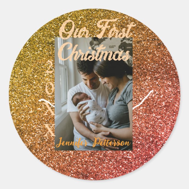 Pegatina Redonda Our first Christmas orange red glitter photo year (Anverso)
