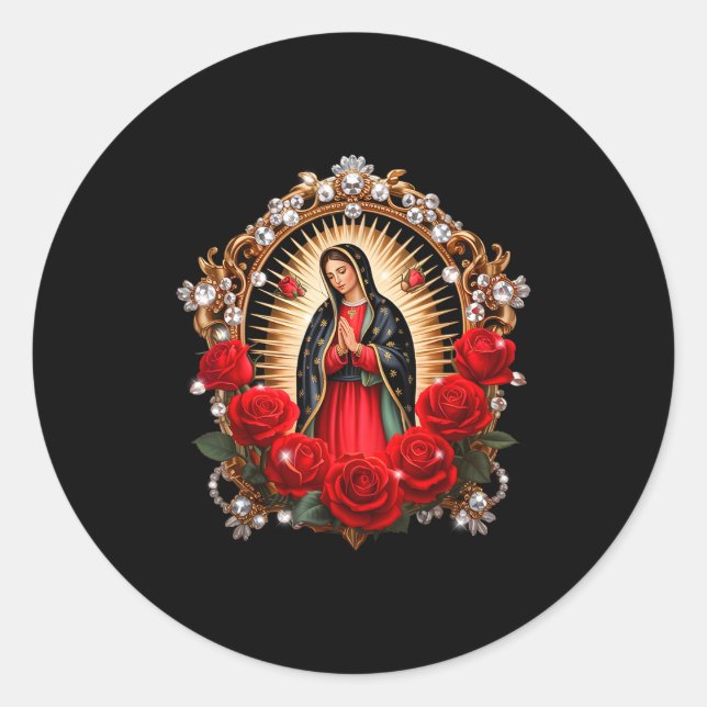 Pegatina Redonda Our Lady Guadalupe Saint Virgin Mary In Roses Flow (Anverso)