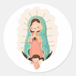 Pegatina Redonda Our Lady of Guadalupe with angel Kawaii Style