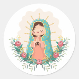Pegatina Redonda Our Lady of Guadalupe with flowers Kawaii Style