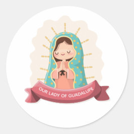 Pegatina Redonda Our Lady of Guadalupe with ribbon Kawaii Style