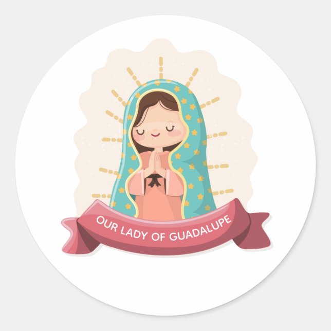 Pegatina Redonda Our Lady of Guadalupe with ribbon Kawaii Style (Anverso)