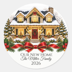 Pegatina Redonda Our New Home Christmas House with Family Name and