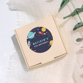 Pegatina Redonda Outer Space Rocket Ship Birthday Party