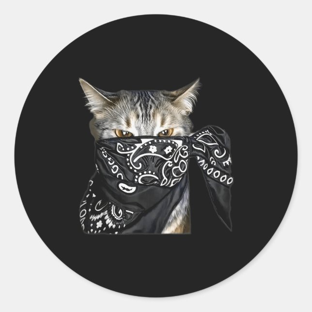 Pegatina Redonda Outlaw Cat Funny Gangster Cat With Bandana  (Anverso)